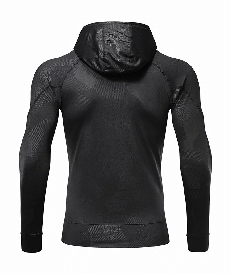 Back view of black stylish elastic sports men's hoodie with hood and zipper, perfect for running, made from polyester and spandex, SF0737